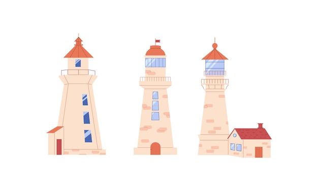 Colección de faros Torre de luz de dibujos animados en estilo plano