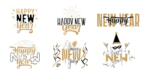 colección de feliz año nuevo 2025 diseño de caligrafía de texto único con color dorado y negro