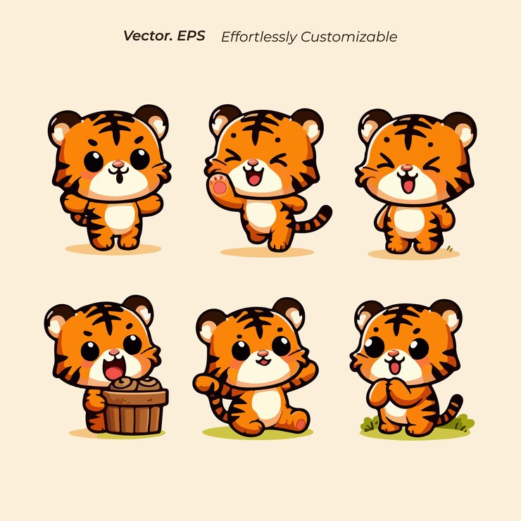 Colección feliz chibi naranja Tigre lindo en estilo de dibujos animados con varias acciones Vector de ilustración