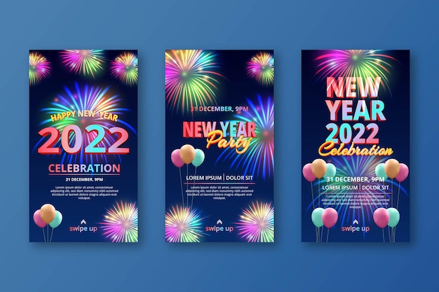 Colección festiva de historias de Instagram de Nochevieja con fuegos artificiales y globos realistas