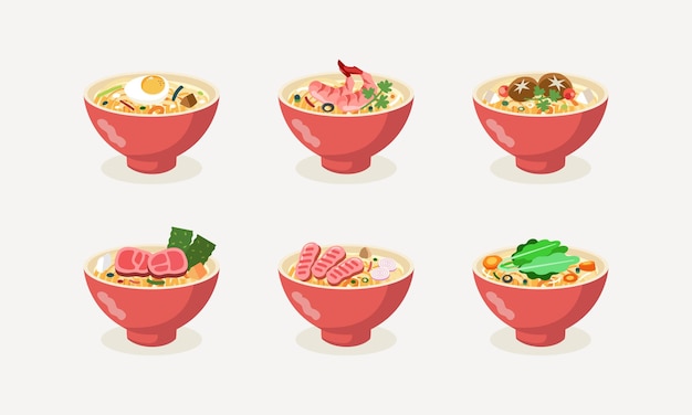 Colección de fideos de cocina asiática con varios aderezos