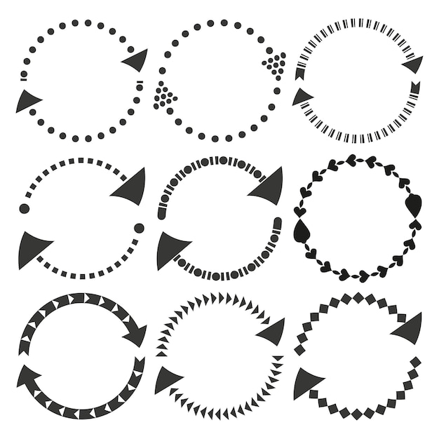 Colección de flechas circulares negras Indicadores de movimiento circular vectorial Conjunto de gráficos de círculo de flechas