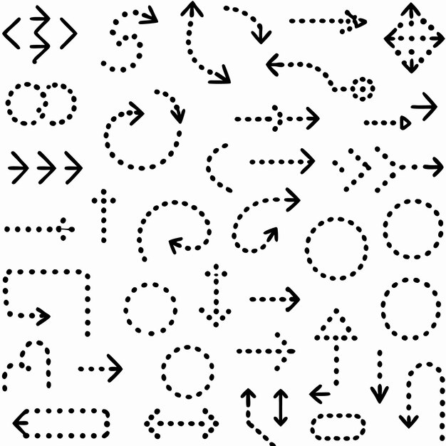 Una colección de flechas y círculos dibujados a mano con un diseño de línea punteada