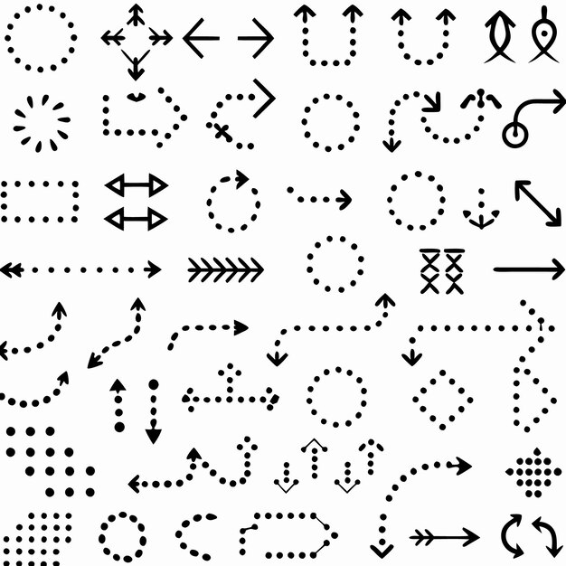 Una colección de flechas y círculos punteados en blanco y negro sobre un fondo blanco