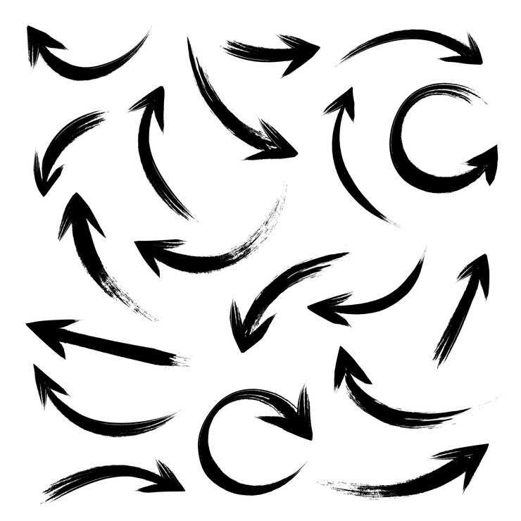 Colección de flechas curvas de tinta Vector dibujado a mano flechas de boceto que apuntan en diferentes direcciones