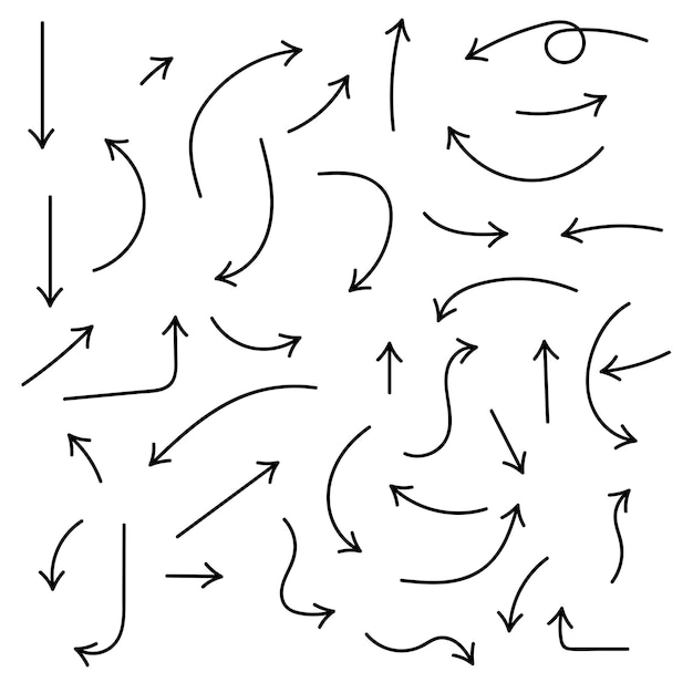 Colección de flechas dibujadas a mano Establecer flechas simples aisladas sobre fondo blanco