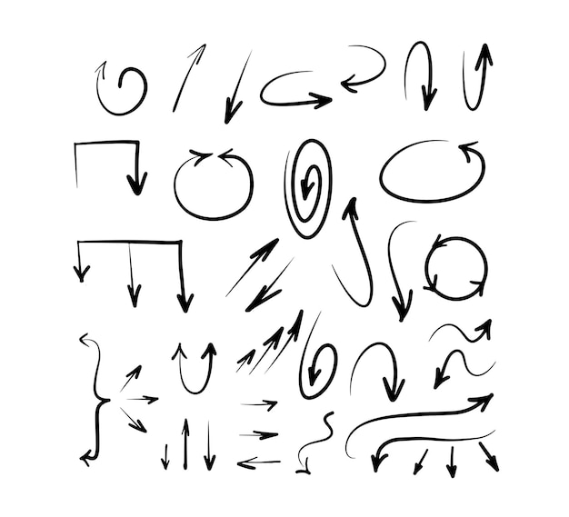 Colección de flechas dibujadas a mano en estilo de fideos Ilustración vectorial aislada sobre fondo blanco