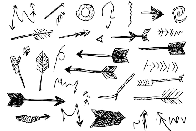 Colección de flechas dibujadas a mano con estilos de boceto únicos y lúdicos