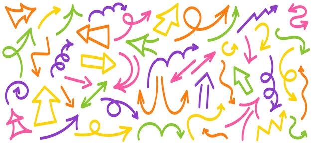 Colección de flechas garabateadas para niños Doodles Arrows Pointers Arrows Doodle arrow sketch sign and set