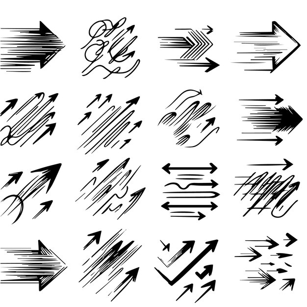 Una colección de flechas garabateadas de varios tamaños y direcciones