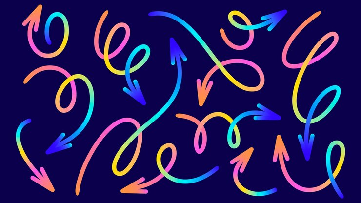 Vector colección de flechas de gradiente coloridas en varias formas y direcciones