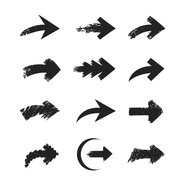 Colección de flechas negras dinámicas en varios estilos que ilustran el movimiento y la dirección en un diseño de arte vectorial minimalista
