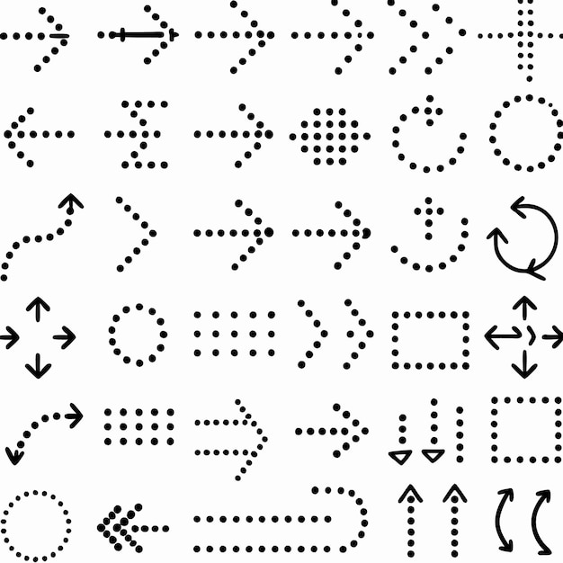 Colección de flechas punteadas y formas en negro sobre fondo blanco