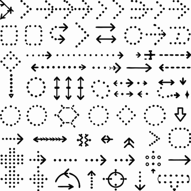 Una colección de flechas punteadas negras símbolos direccionales y formas geométricas sobre un fondo blanco