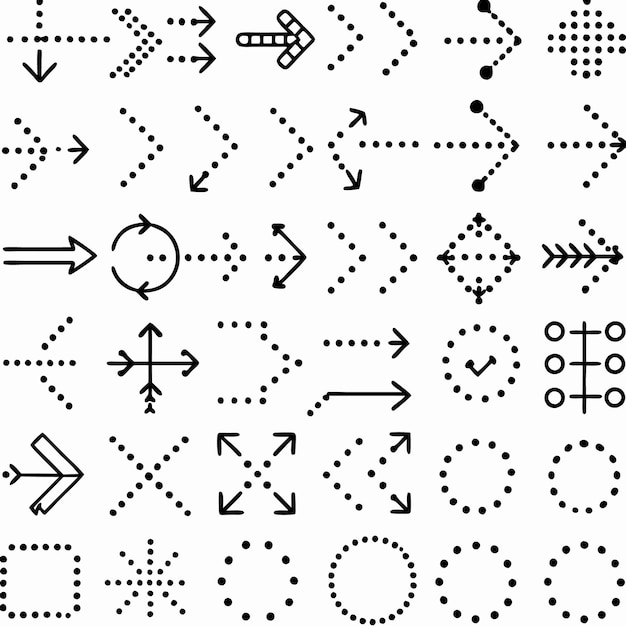 Colección de flechas punteadas y símbolos en blanco y negro
