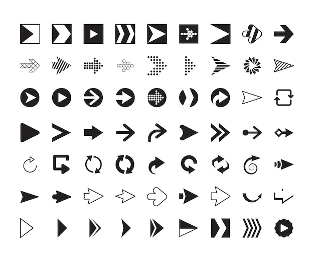 Colección de flechas. Señales de dirección gráfica moderna pantalla de computadora curvas flechas conjunto de vectores. Flecha de dirección de la ilustración, orientación de la interfaz