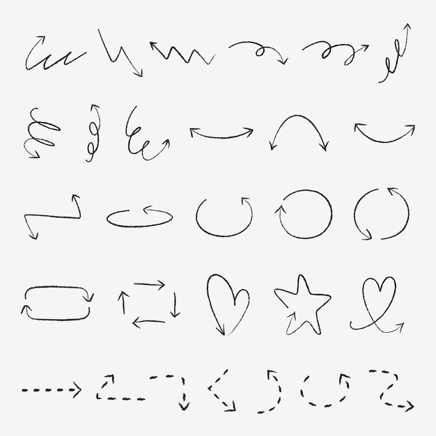 Colección de flechas y símbolos dibujados a mano Incluye flechas circulares onduladas y en forma de corazón Ideales para diseños creativos y proyectos artísticos Conjunto de vectores de elementos