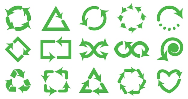 Colección de flechas verdes Conjunto de flechas de reciclaje verdes y negras Ícono de flecha de reciclado ecológico Vector