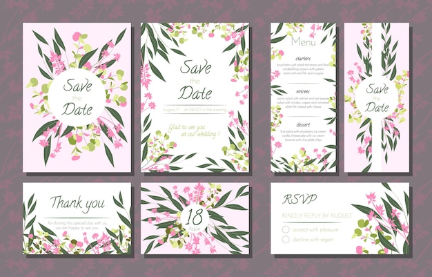 Colección floral de invitación de boda con hoja de eucalipto