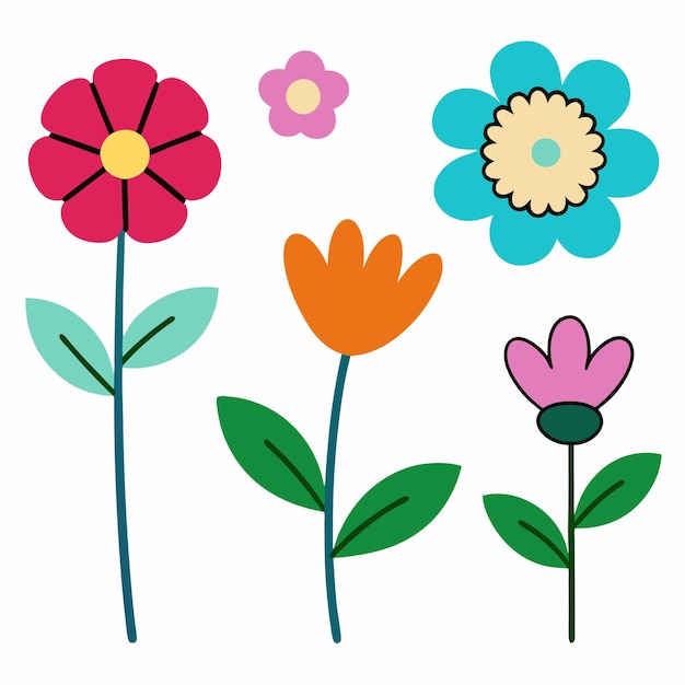 Colección de flores de dibujos animados en estilo doodle sobre un fondo blanco