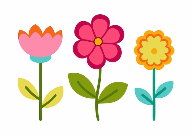Colección de flores de dibujos animados en estilo doodle sobre un fondo blanco