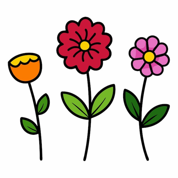 Colección de flores de dibujos animados en estilo doodle sobre un fondo blanco