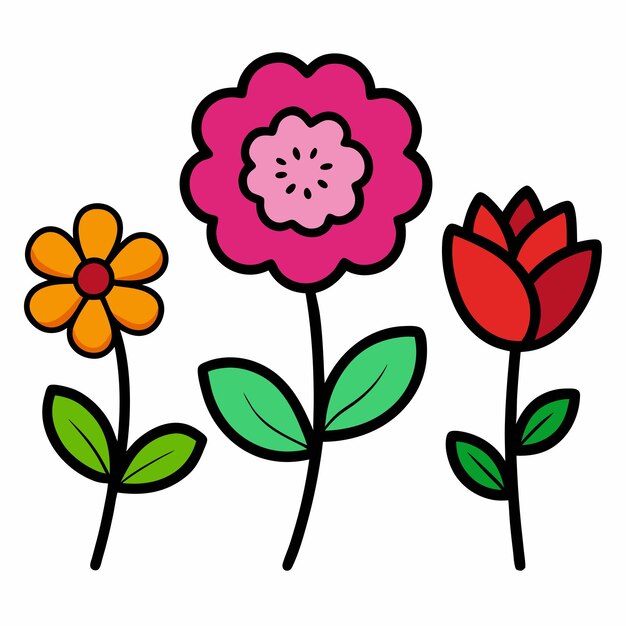 Colección de flores de dibujos animados en estilo doodle sobre un fondo blanco