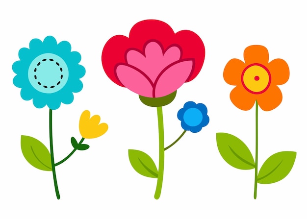 Colección de flores de dibujos animados en estilo doodle sobre un fondo blanco