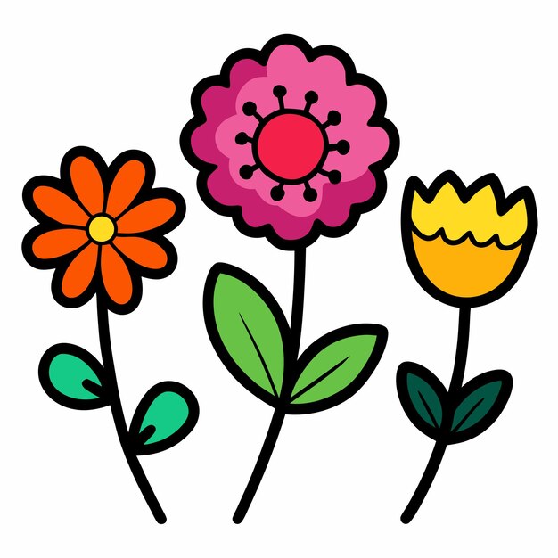 Colección de flores de dibujos animados en estilo doodle sobre un fondo blanco