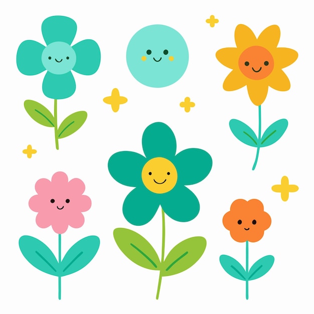 Colección de flores de dibujos animados en estilo doodle sobre un fondo blanco
