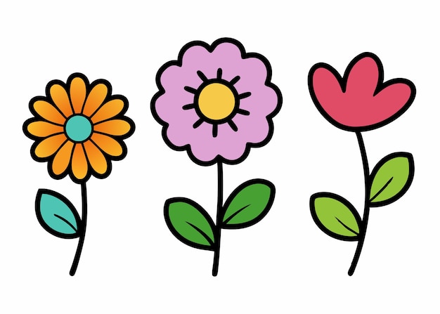 Colección de flores de dibujos animados en estilo doodle sobre un fondo blanco