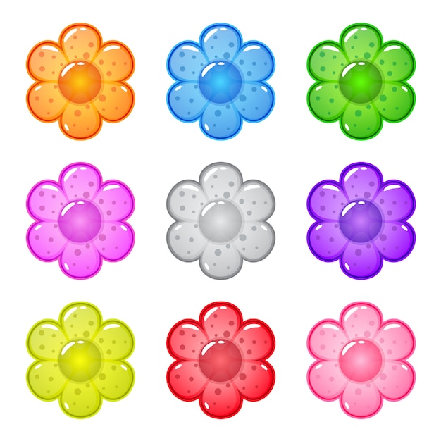 Colección Flores de forma brillante de dibujos animados lindo con gelatina en diferentes colores.
