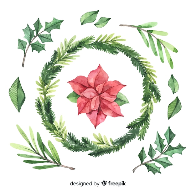 Vector colección de flores y guirnaldas navideñas de acuarela