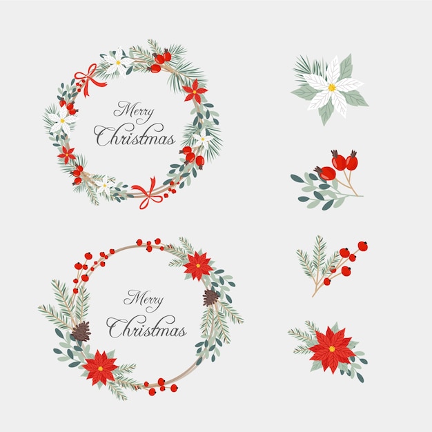 Colección de flores y guirnaldas navideñas en diseño plano