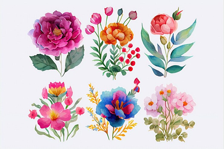 colección de flores Hermosa acuarela conjunto de adornos de diseño