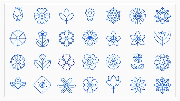 una colección de flores y hojas azules y blancas