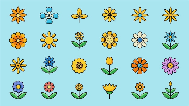 una colección de flores y hojas de diferentes colores