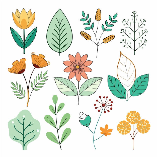 una colección de flores y hojas de diferentes colores