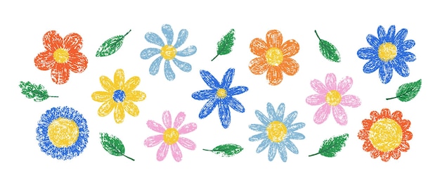 Colección de flores y hojas garabateadas con lápices de colores