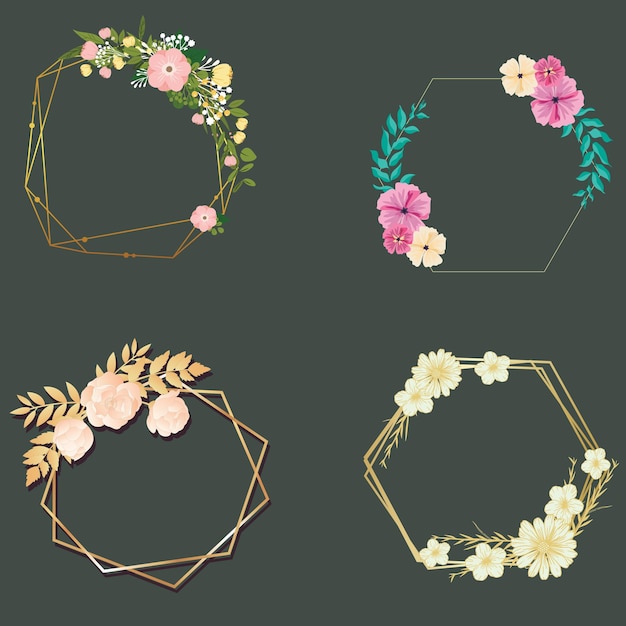 una colección de flores y hojas con un marco que dice flores