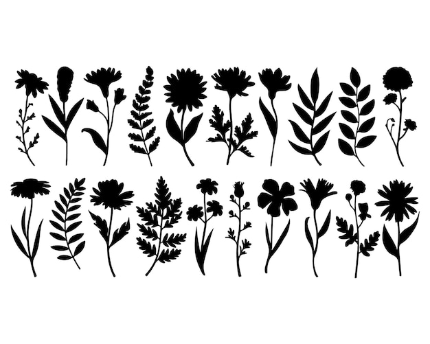 Colección de flores, hojas y plantas de silueta negra sobre un fondo blanco