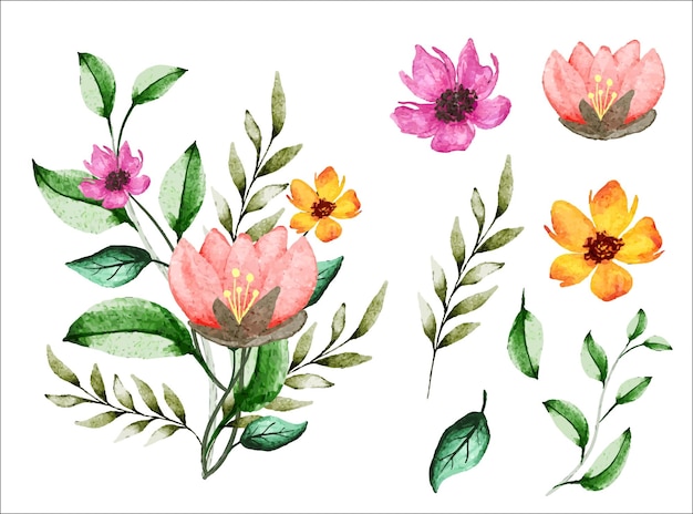 Colección de flores y hojas de primavera en acuarela con ramo floral
