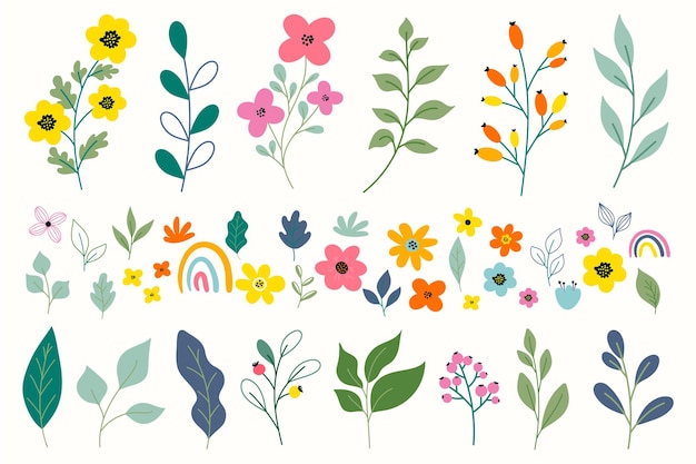 Colección de flores y hojas de primavera conjunto botánico de flores en flor aisladas en blanco