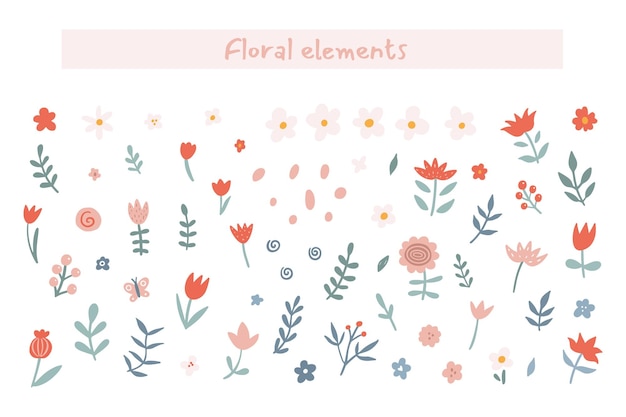 Colección de flores con hojas, ramos de flores. Flores vectoriales. Impresión de arte de primavera