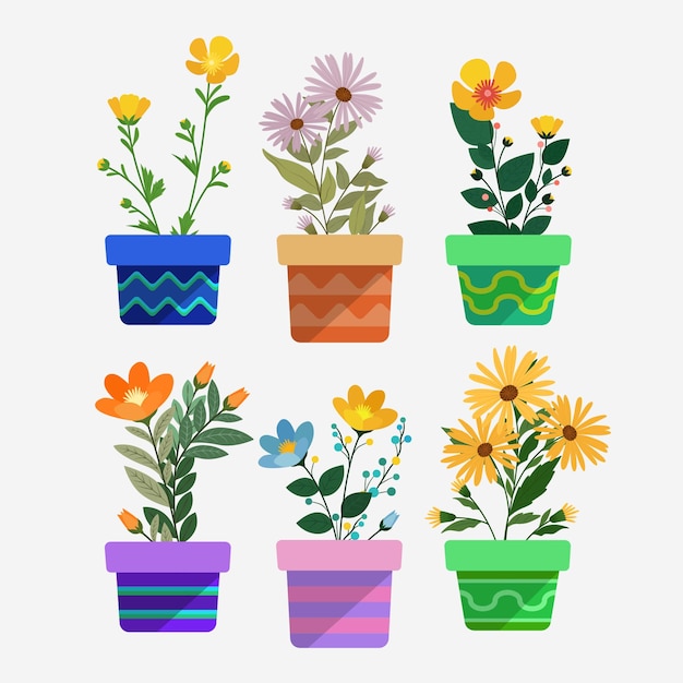 Colección de flores de maceta coloridas para la decoración de primavera
