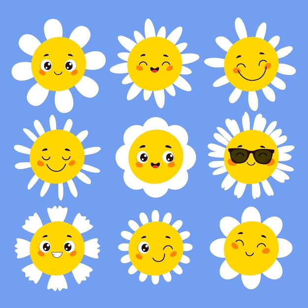 Colección de flores de manzana personajes de margaritas lindos Ilustración vectorial de flores sonrientes