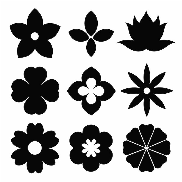 una colección de flores negras y blancas con un centro blanco