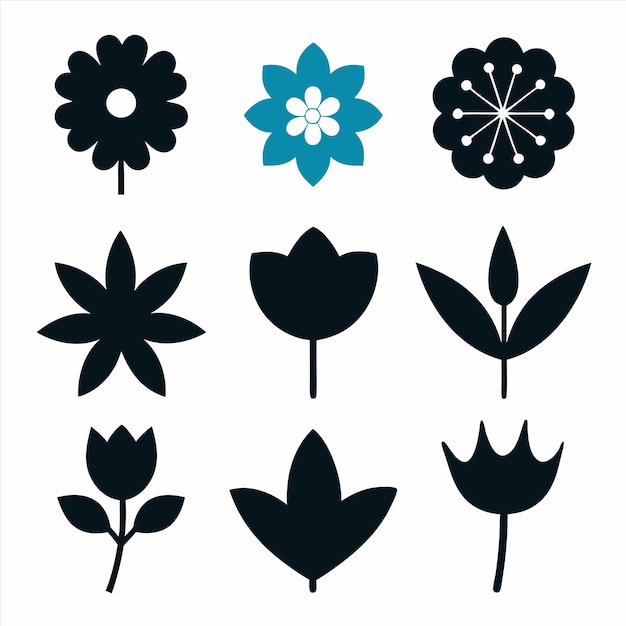 una colección de flores negras y blancas con un fondo negro