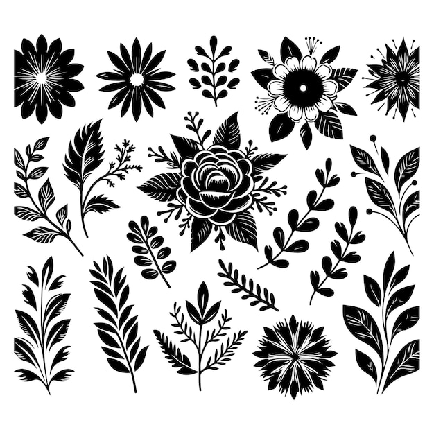 una colección de flores negras y blancas y hojasClip art florales vector negro y blanco en blanco