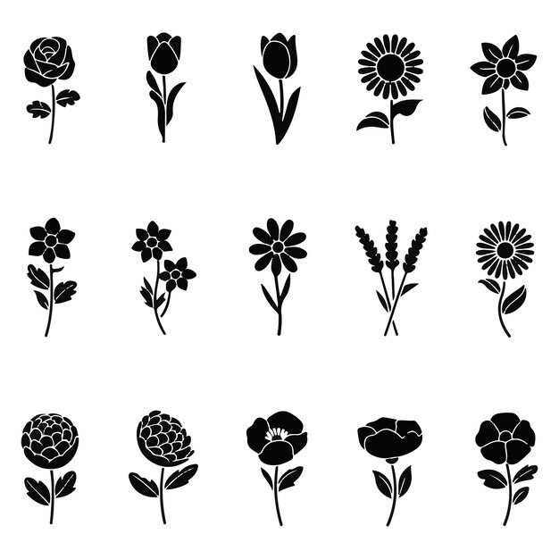 una colección de flores negras y blancas con las palabras flores en ellas